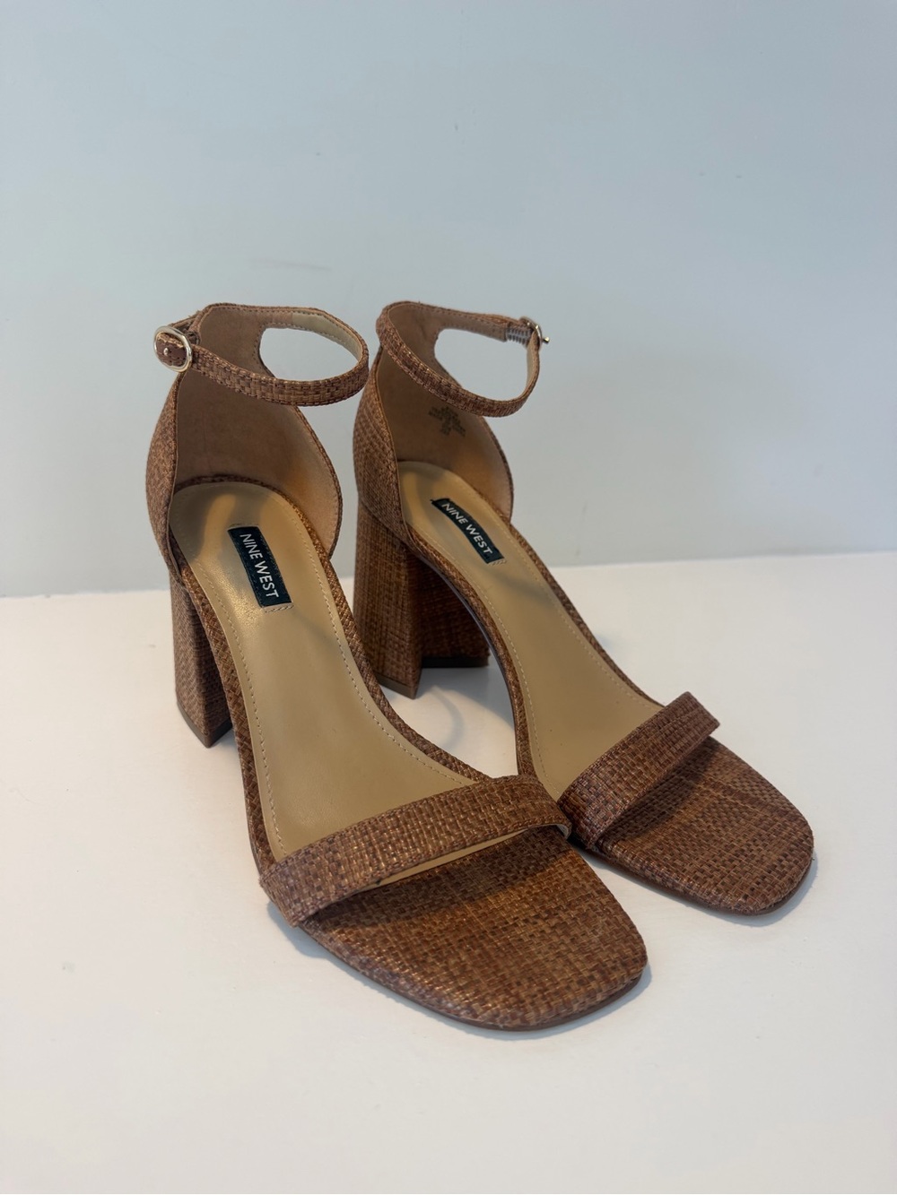 Nine West Brown Woven Block Heel Sandals